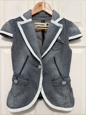 Vintage Stefanel Navy Pinstripe Denim Short-Sleeve Blazer with White Trim